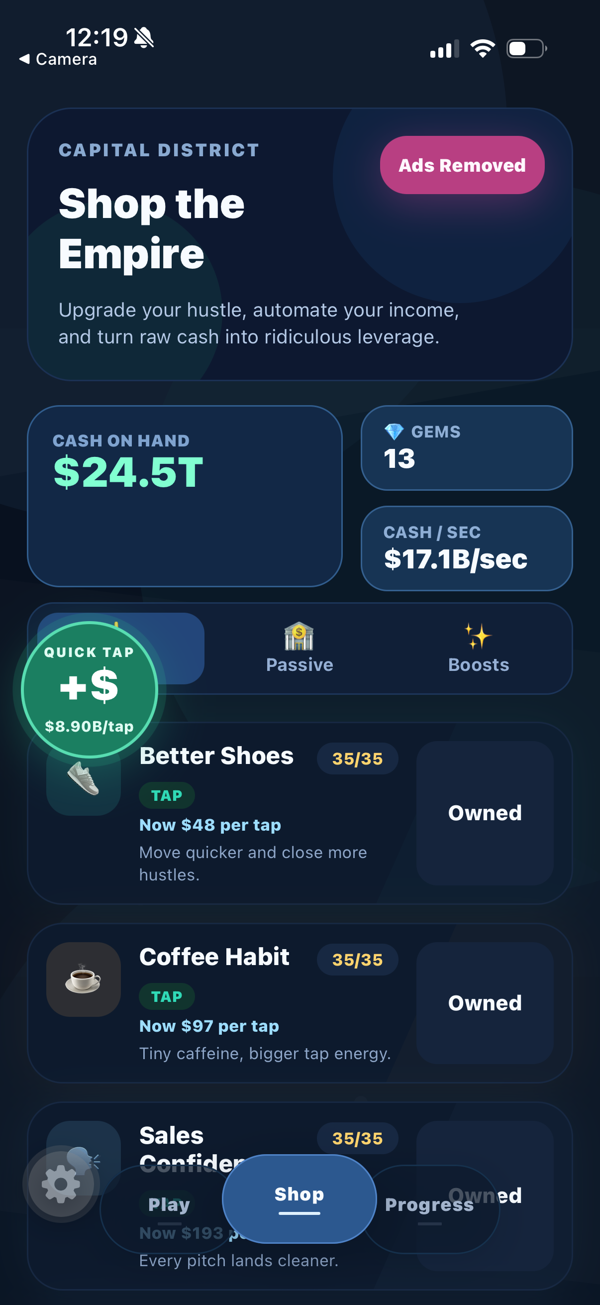 Broke to Billionaire shop screen showing capital district upgrades and stats.