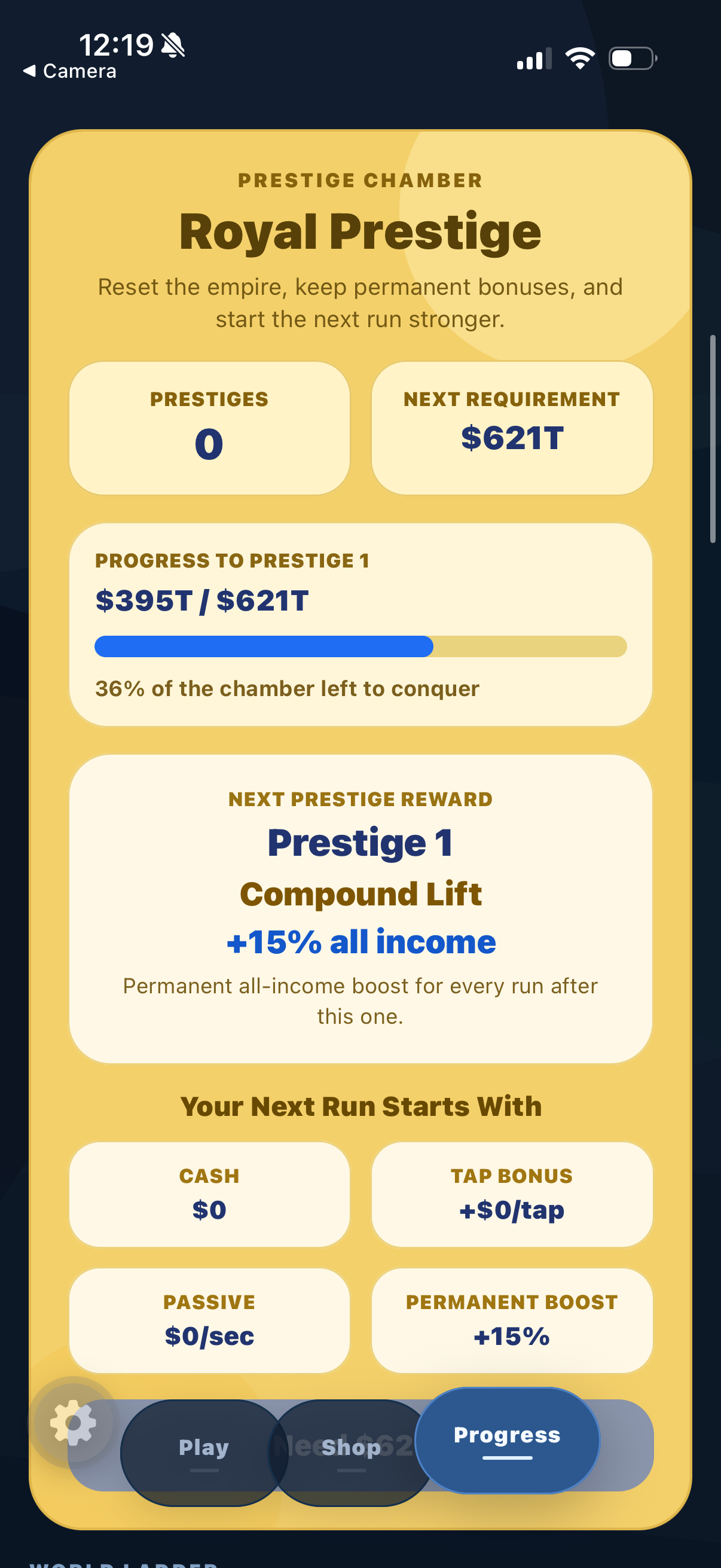 Broke to Billionaire prestige chamber screen showing royal prestige progress and rewards.