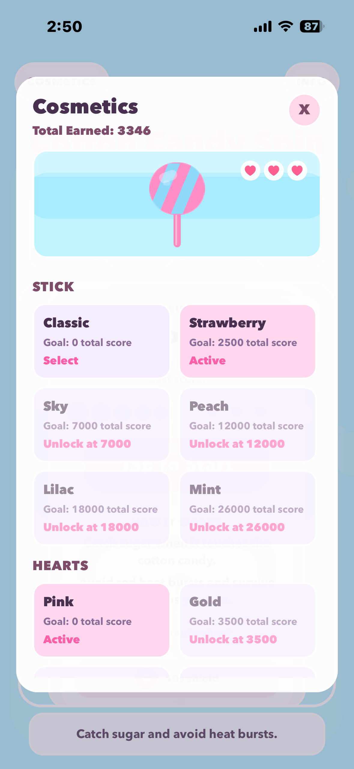 Cotton Candy Spin cosmetics panel showing unlockable sticks, heart styles, and total earned score.