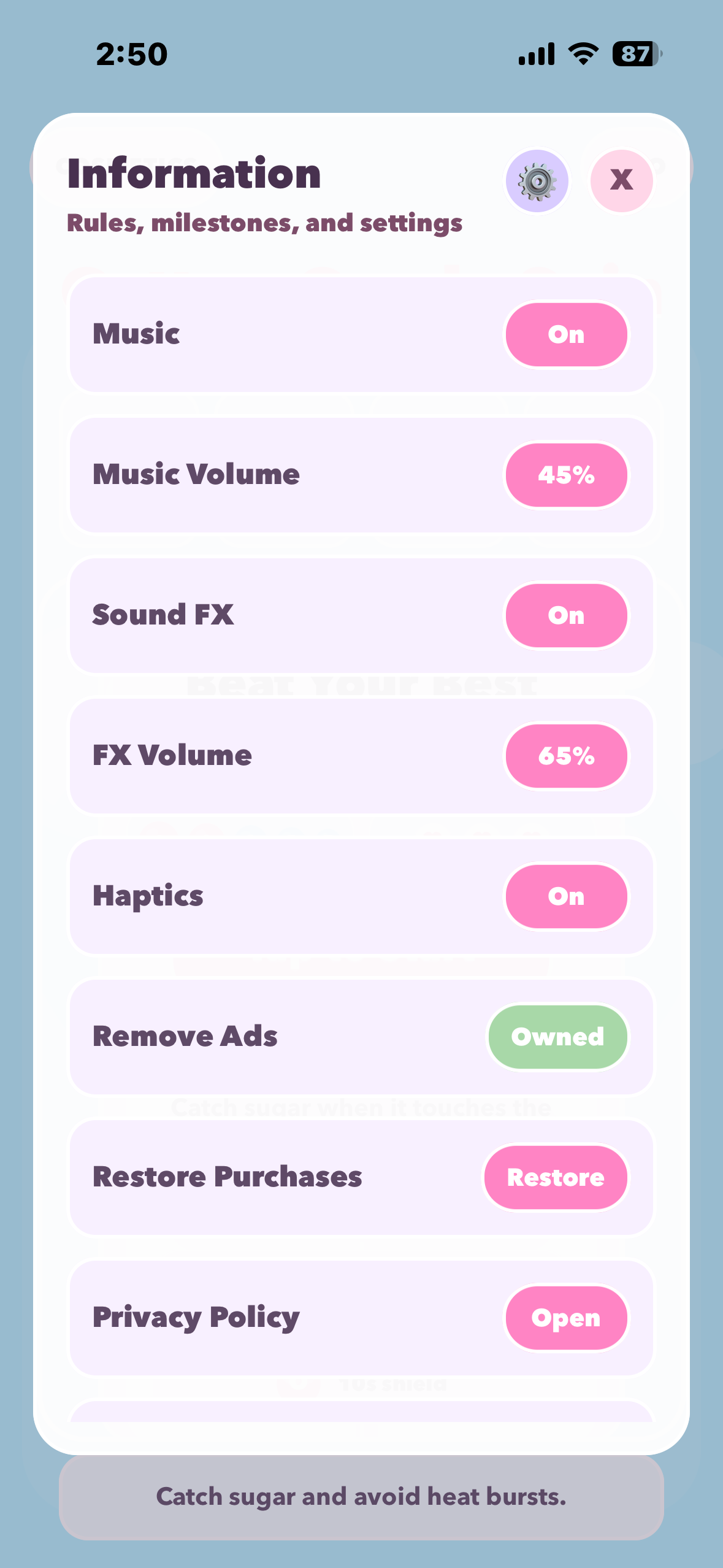Cotton Candy Spin settings panel showing music, sound, haptics, ad removal, restore purchases, and privacy policy options.